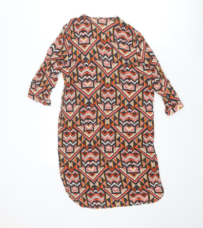 H&M Womens Multicoloured Geometric Viscose A-Line Size 8 Round Neck Button