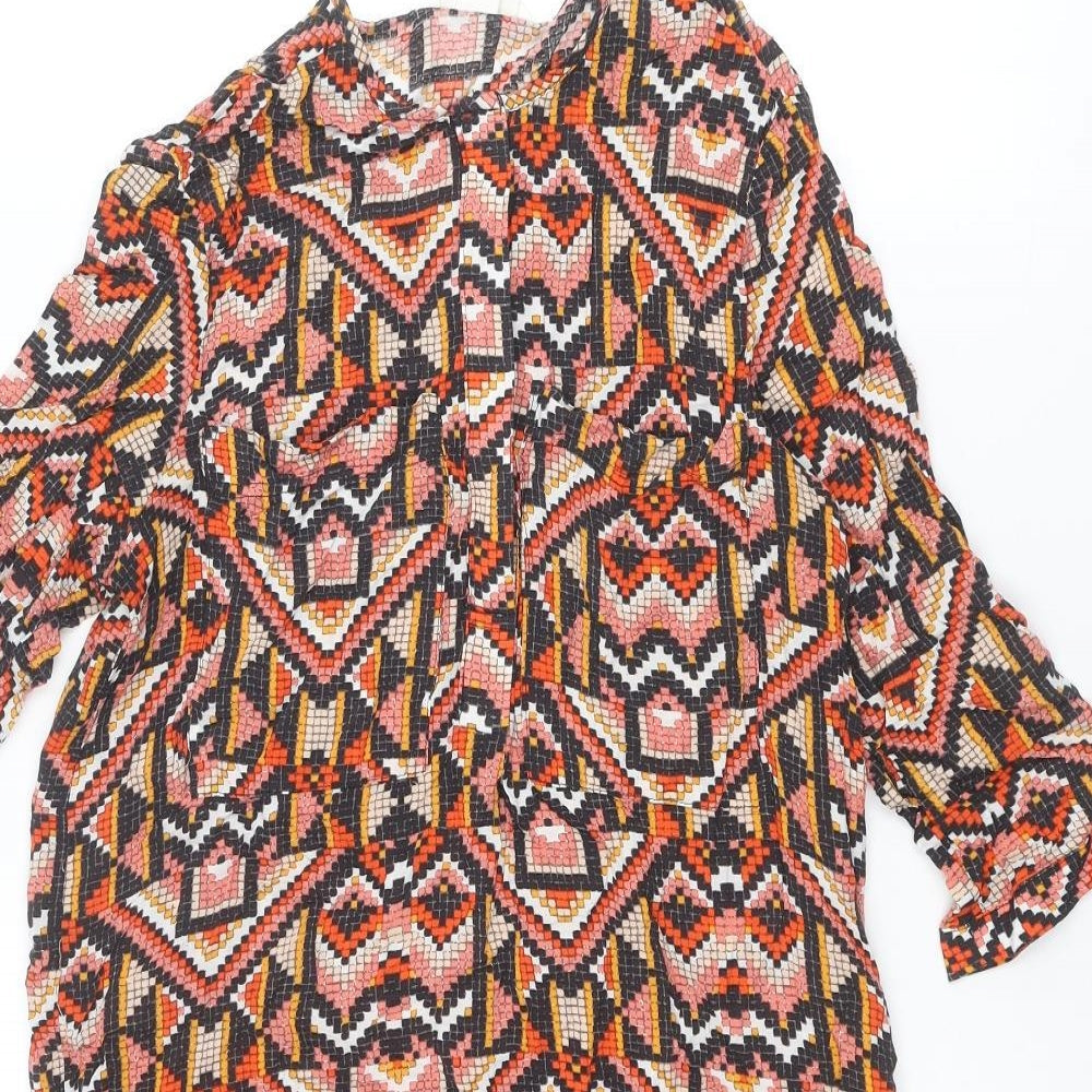 H&M Womens Multicoloured Geometric Viscose A-Line Size 8 Round Neck Button