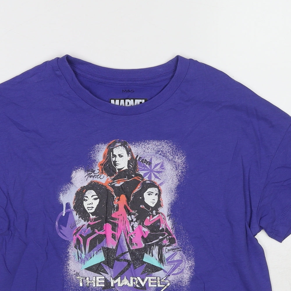 Marks and Spencer Girls Purple Cotton Pullover T-Shirt Size 10-11 Years Crew Neck Pullover - Marvel