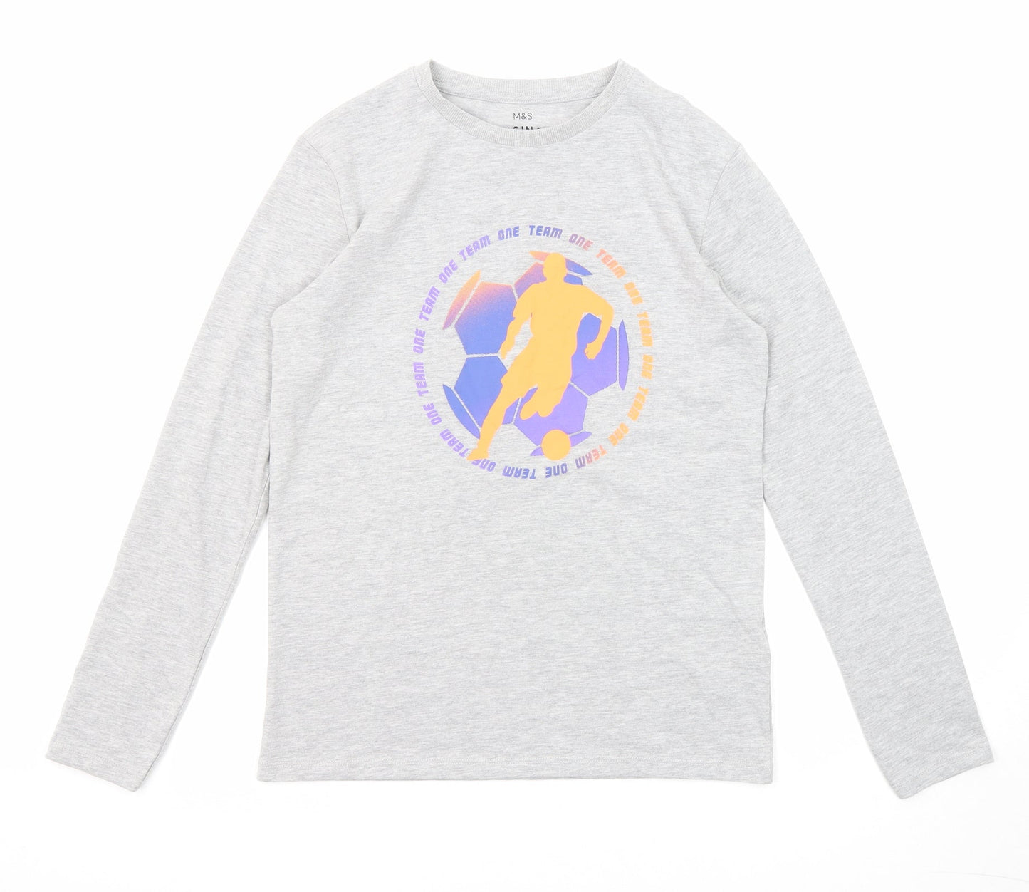 Marks and Spencer Boys Grey Cotton Pullover T-Shirt Size 12-13 Years Crew Neck Pullover - Football