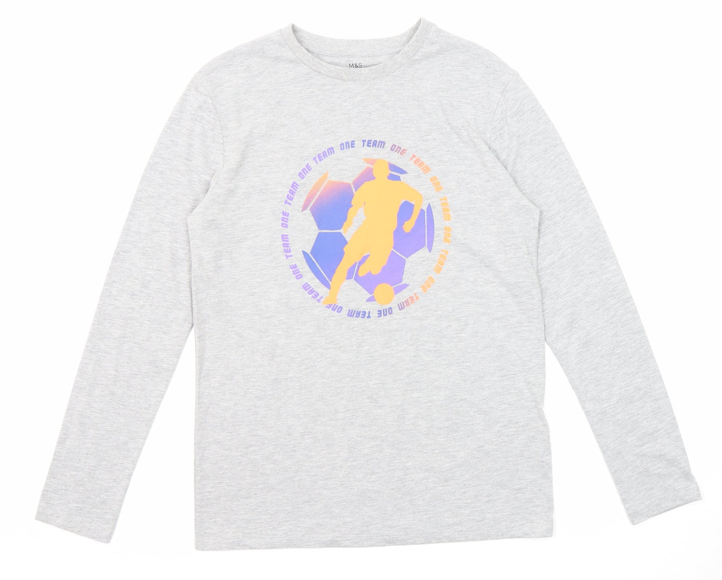 Marks and Spencer Boys Grey Cotton Pullover T-Shirt Size 12-13 Years Crew Neck Pullover - Football