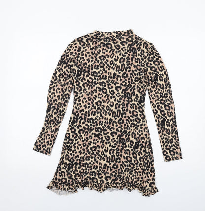 Boohoo Womens Black Animal Print Viscose A-Line Size 8 Round Neck Pullover - Leopard pattern