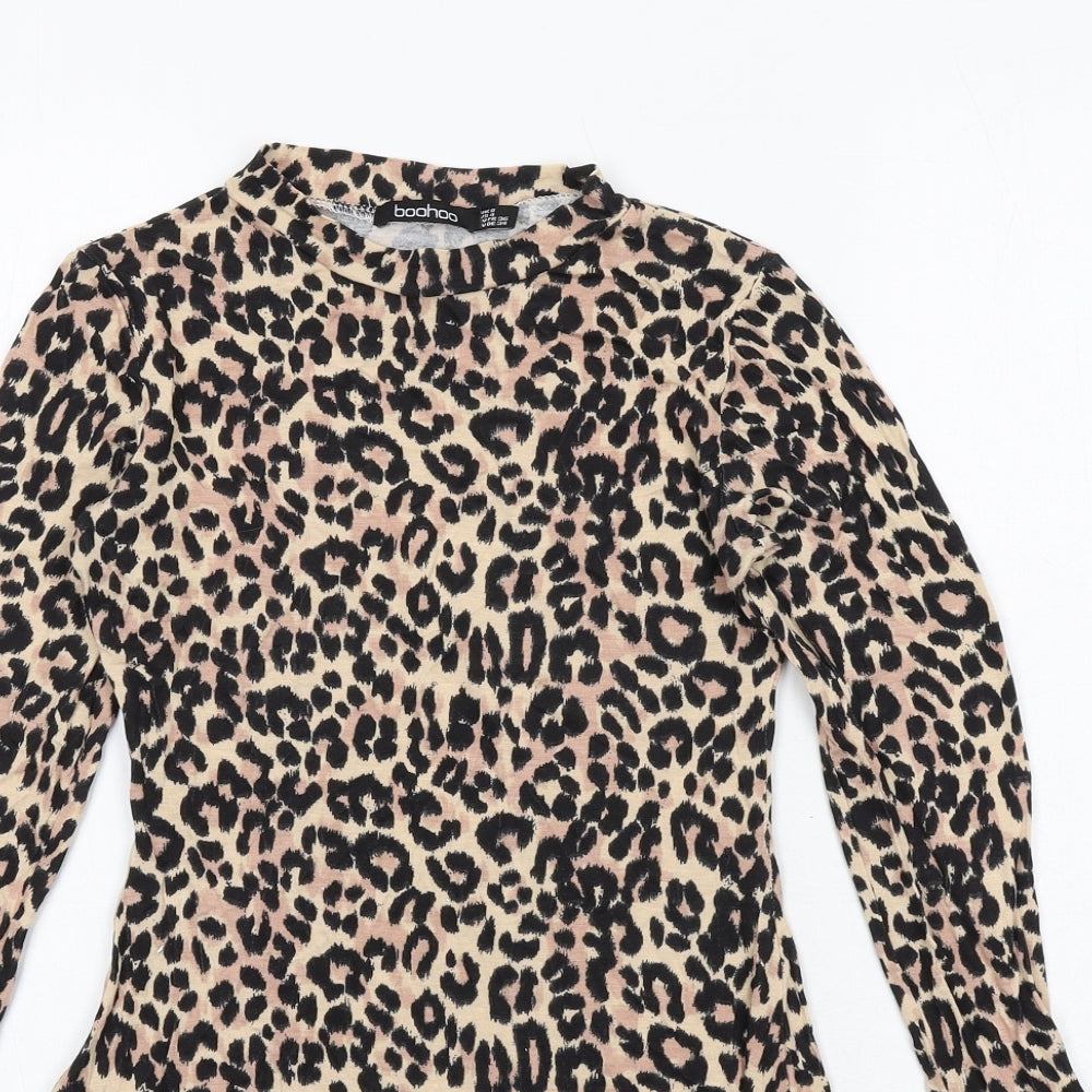 Boohoo Womens Black Animal Print Viscose A-Line Size 8 Round Neck Pullover - Leopard pattern