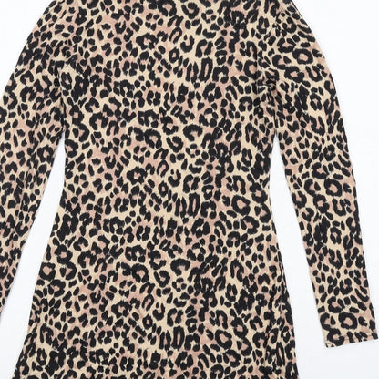Boohoo Womens Black Animal Print Viscose A-Line Size 8 Round Neck Pullover - Leopard pattern