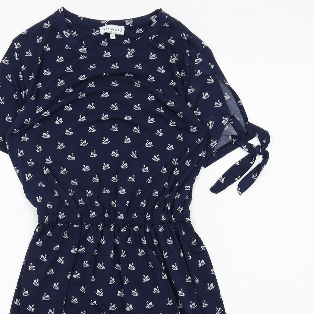 Warehouse Womens Blue Geometric Polyester A-Line Size 8 Round Neck Pullover - Swan pattern