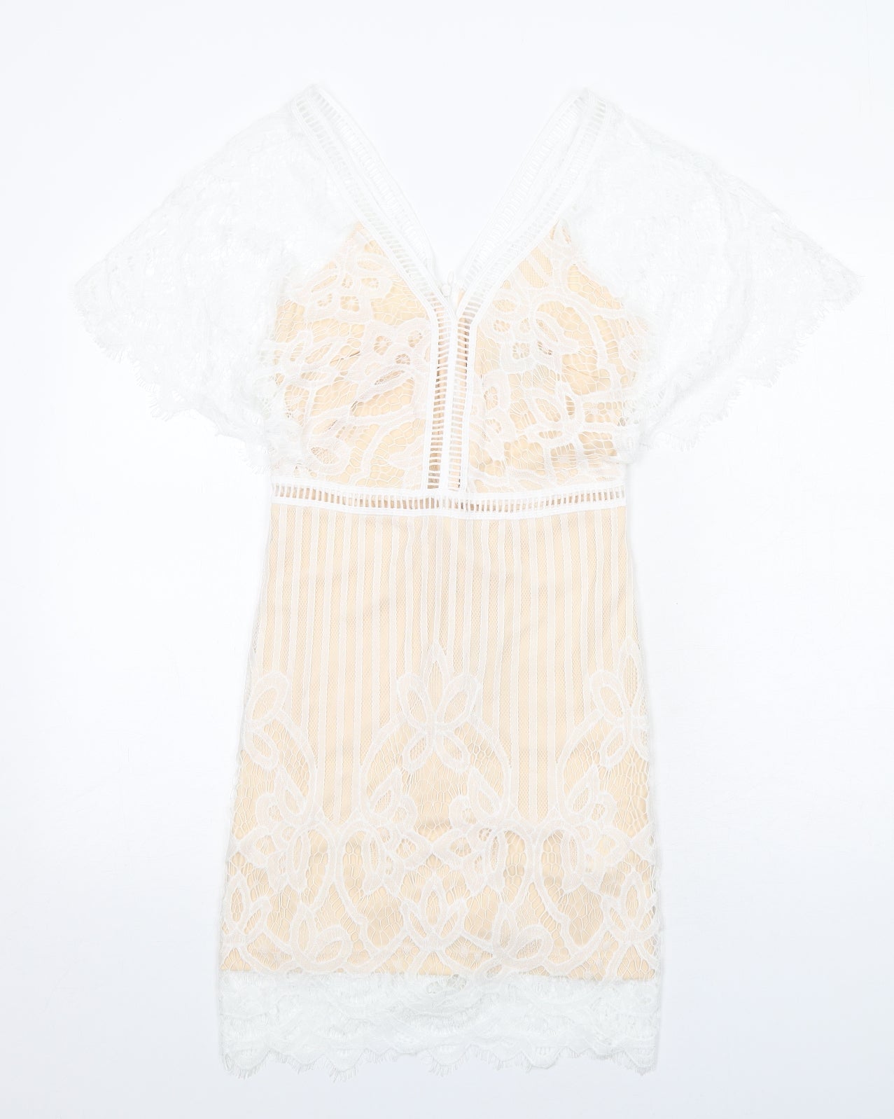 Boohoo Womens White Geometric Polyester A-Line Size 8 V-Neck Zip