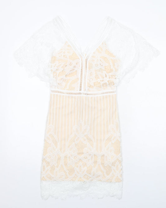 Boohoo Womens White Geometric Polyester A-Line Size 8 V-Neck Zip