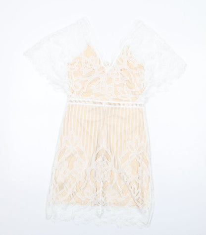 Boohoo Womens White Geometric Polyester A-Line Size 8 V-Neck Zip