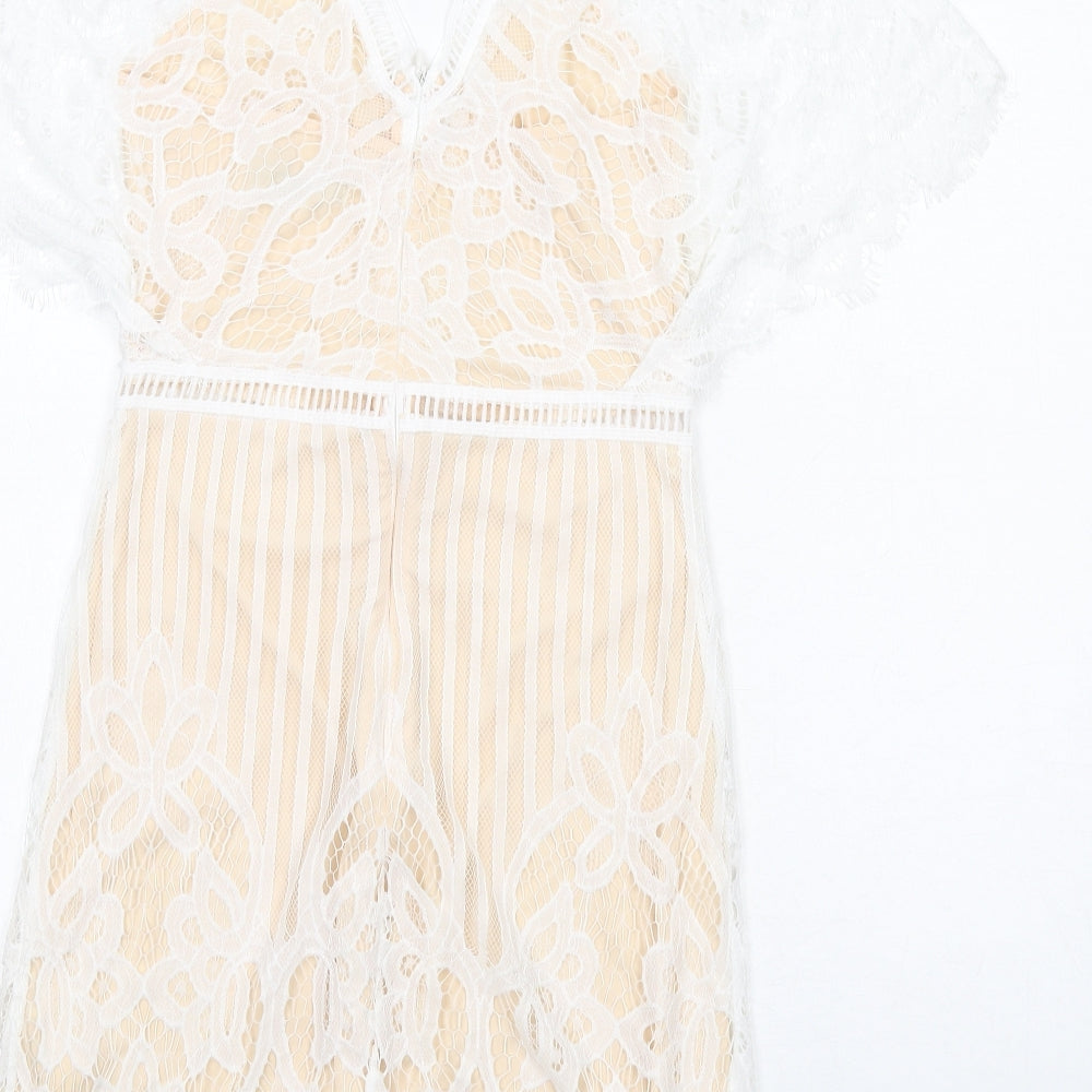 Boohoo Womens White Geometric Polyester A-Line Size 8 V-Neck Zip