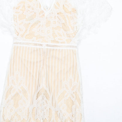 Boohoo Womens White Geometric Polyester A-Line Size 8 V-Neck Zip