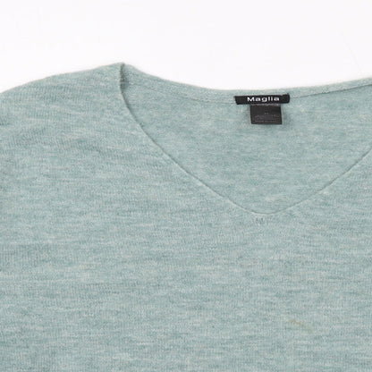 Maglia Womens Green V-Neck Acrylic Pullover Jumper Size XL