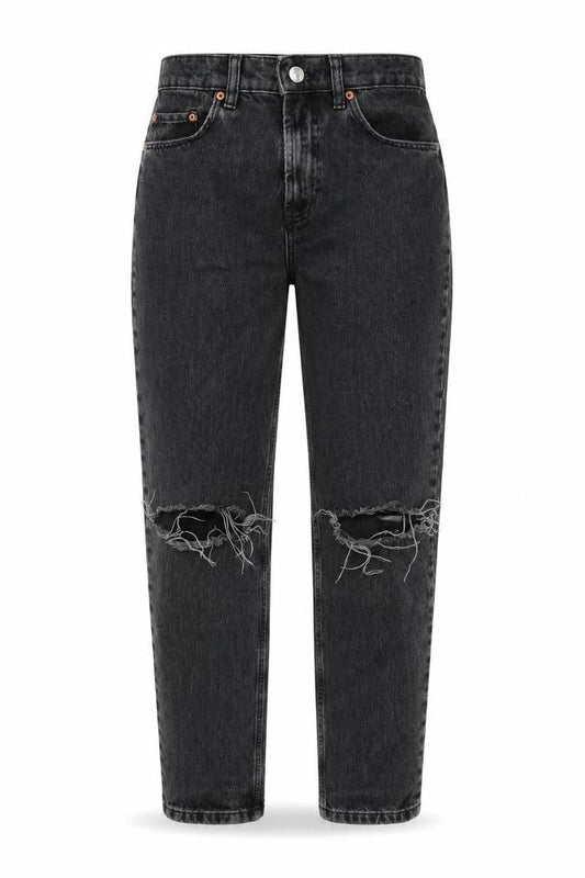 Front view of ASOS women’s grey cotton tapered jeans, size UK 26, in, 32-inch leg regular zip