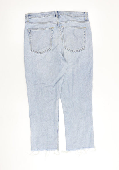 Topshop Womens Blue Cotton Straight Jeans Size 30 in Regular Zip - Frayed Hem