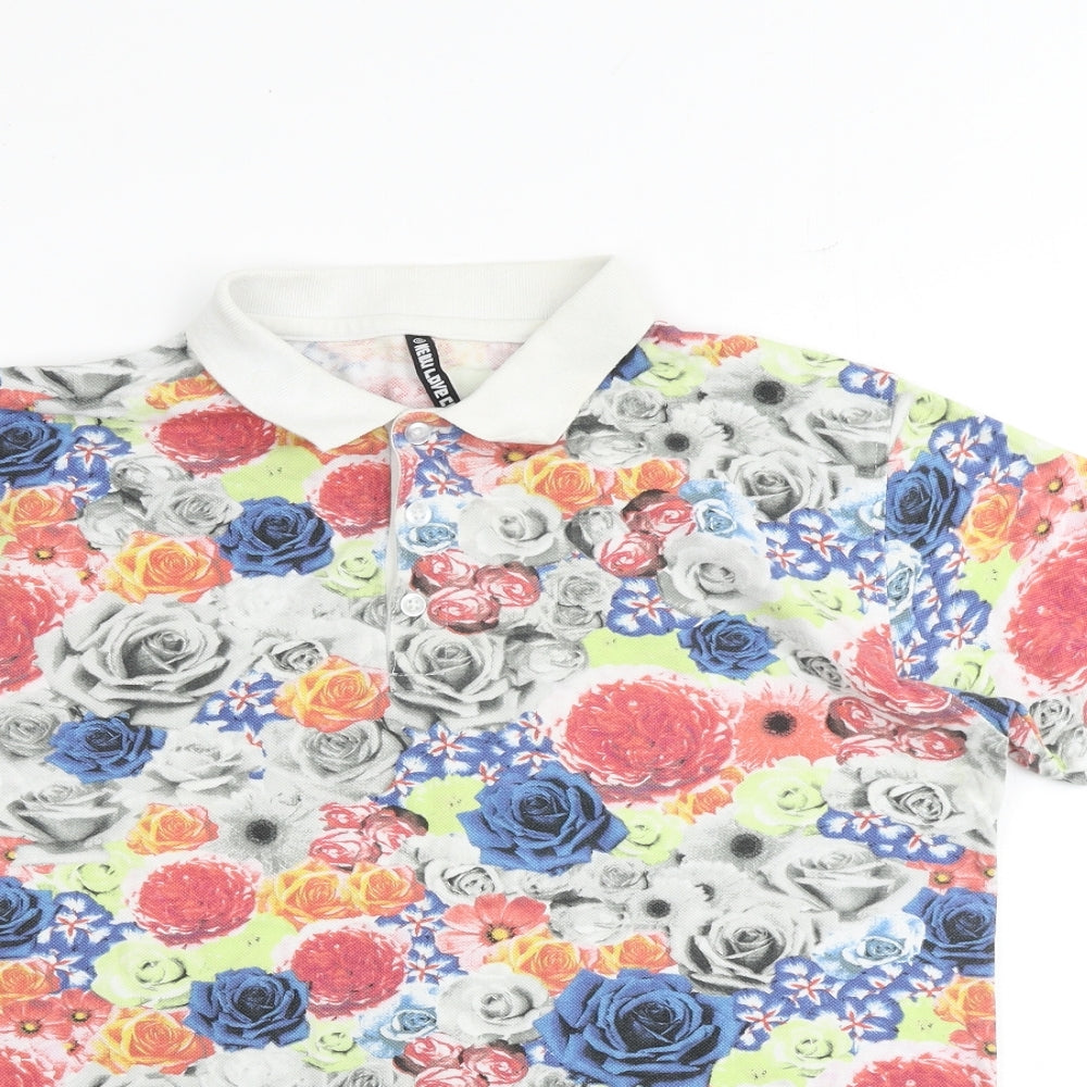 New Love Club Mens Multicoloured Floral 100% Cotton Polo Size M Collared Button