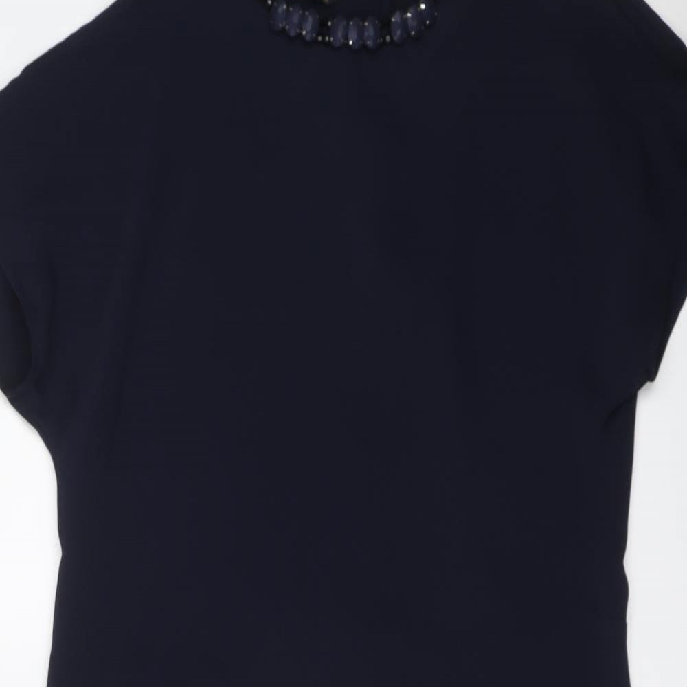 Zara Womens Blue Polyester A-Line Size S Round Neck Button - Embellished Neckline