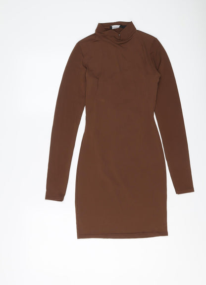 PRETTYLITTLETHING Womens Brown Polyester Bodycon Size 8 High Neck Pullover - Lace Up Back Detail