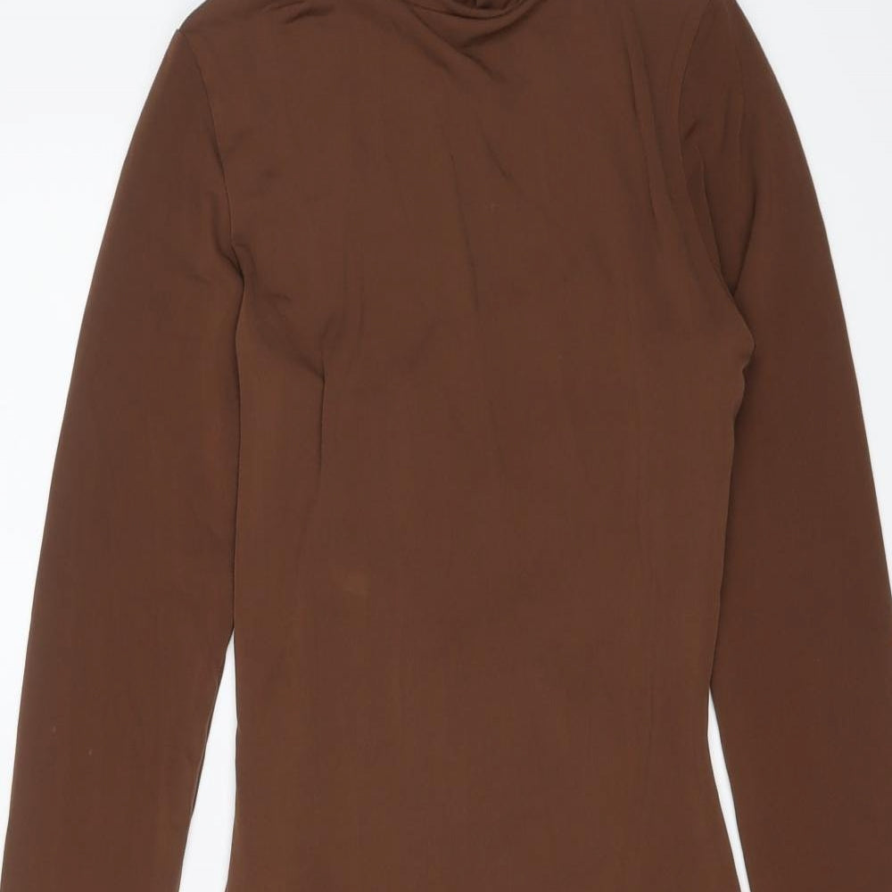 PRETTYLITTLETHING Womens Brown Polyester Bodycon Size 8 High Neck Pullover - Lace Up Back Detail
