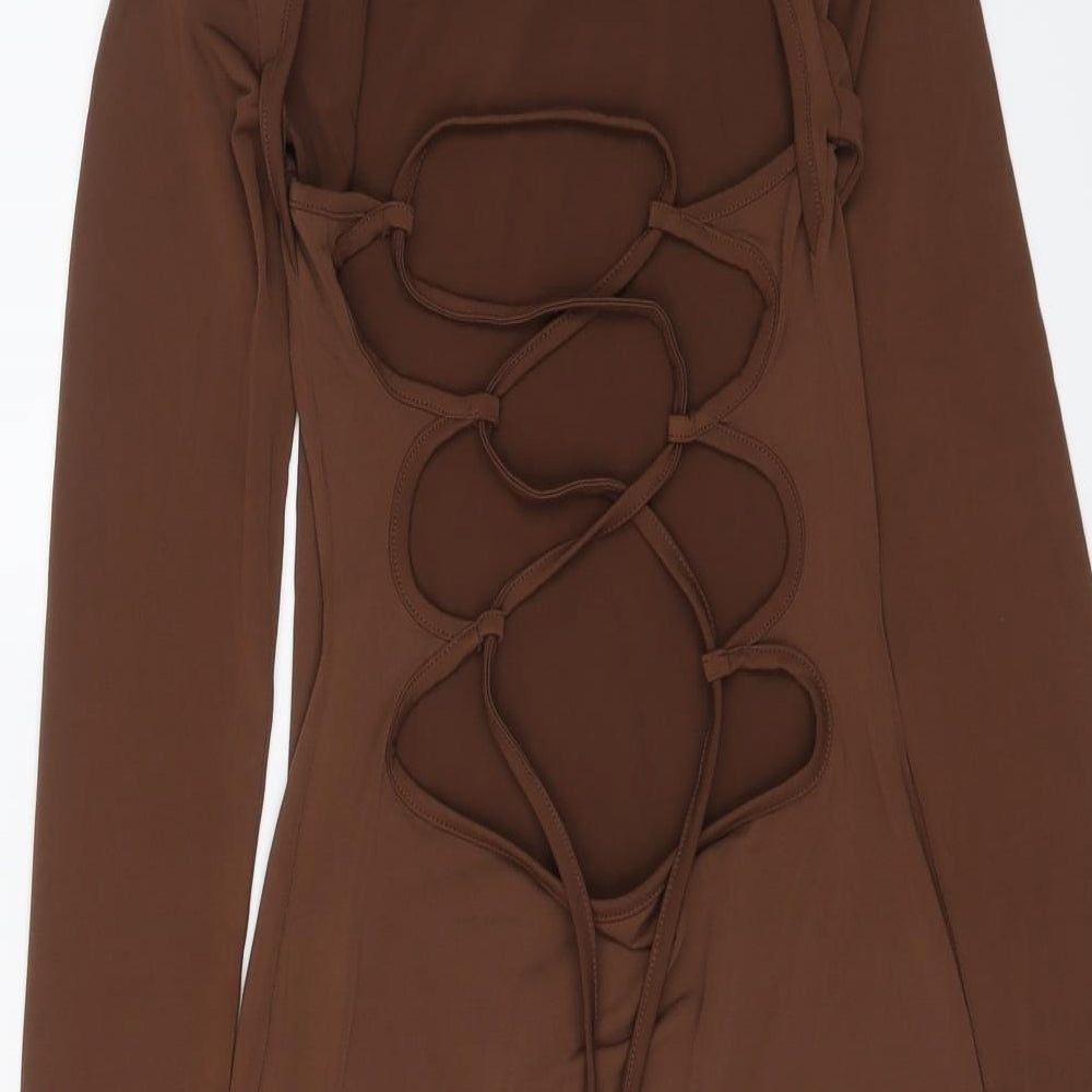 PRETTYLITTLETHING Womens Brown Polyester Bodycon Size 8 High Neck Pullover - Lace Up Back Detail