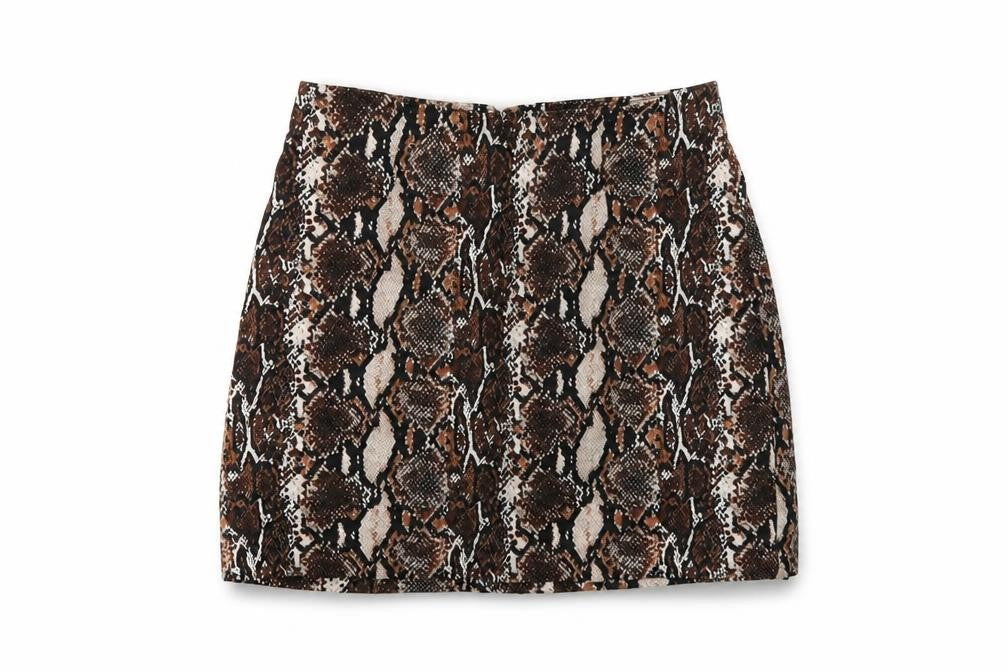Pull&Bear Womens Brown Animal Print Cotton Mini Skirt Size S Zip - Snakeskin pattern