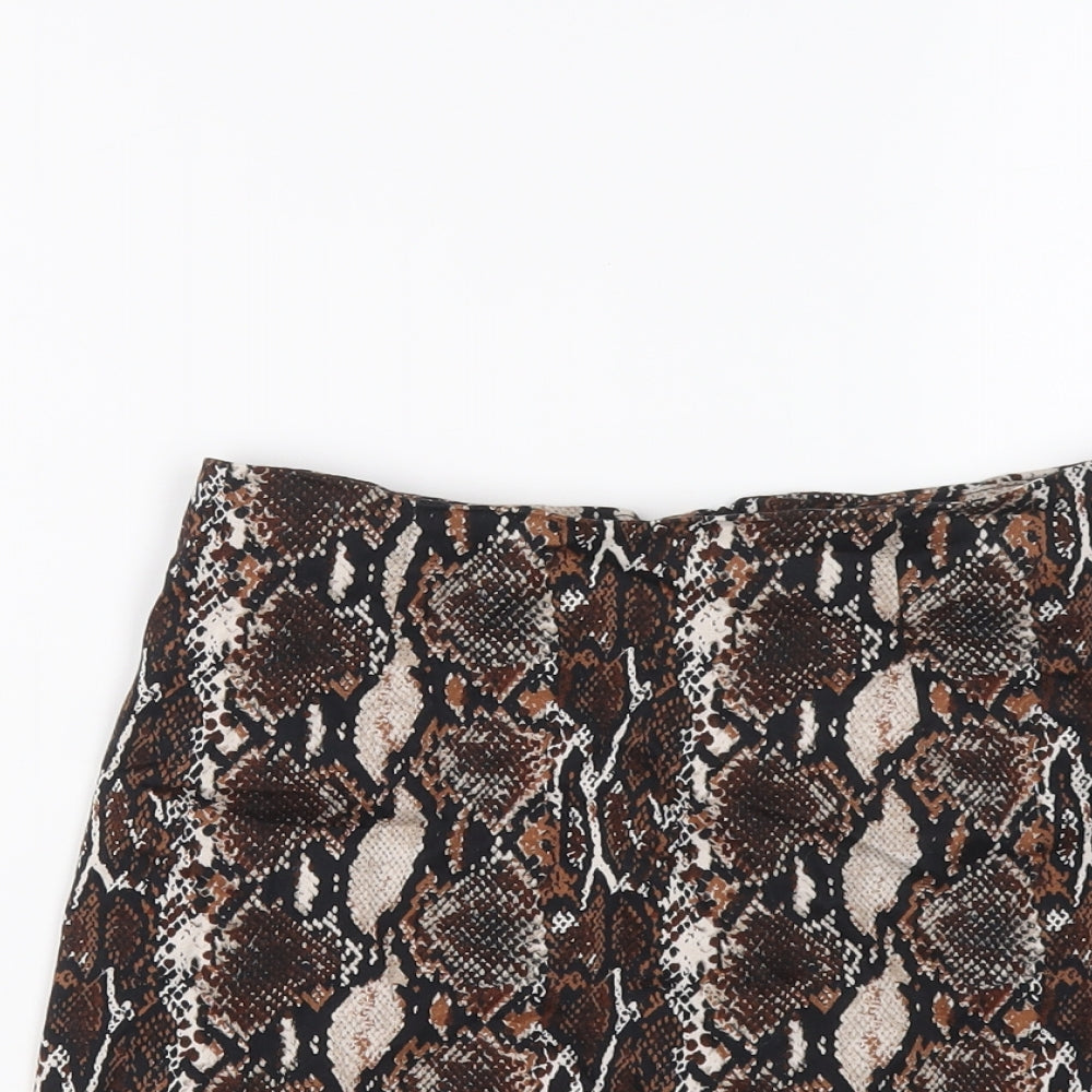 Pull&Bear Womens Brown Animal Print Cotton Mini Skirt Size S Zip - Snakeskin pattern