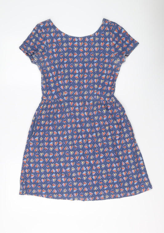 NEXT Womens Blue Geometric Cotton Fit & Flare Size 8 Boat Neck Pullover