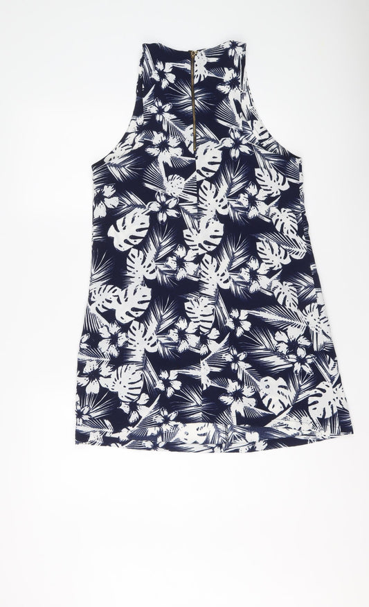 Pull&Bear Womens Blue Floral Polyester Shift Size M Round Neck Zip