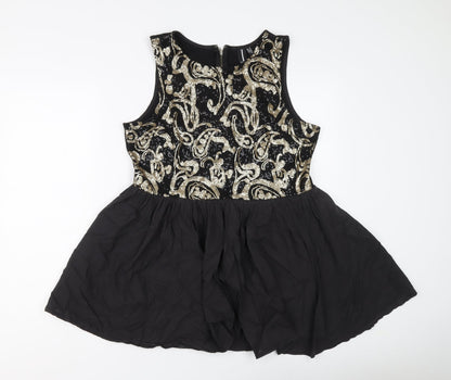 Izabel Womens Black Geometric Polyester Tunic Blouse Size 16 Round Neck