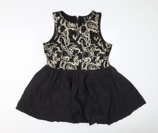 Izabel Womens Black Geometric Polyester Tunic Blouse Size 16 Round Neck