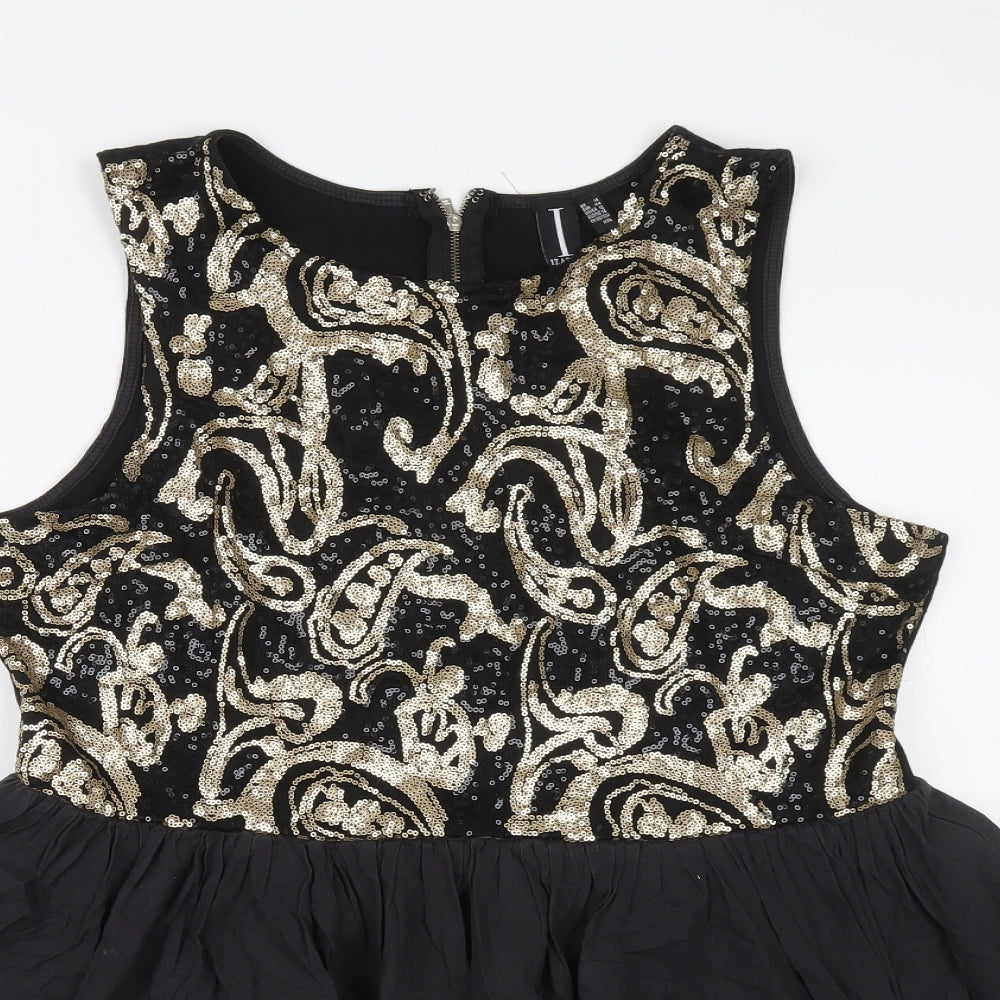 Izabel Womens Black Geometric Polyester Tunic Blouse Size 16 Round Neck