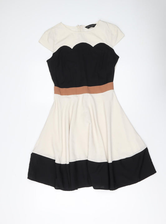Dorothy Perkins Womens Beige Colourblock Polyester Fit & Flare Size 8 Round Neck Zip