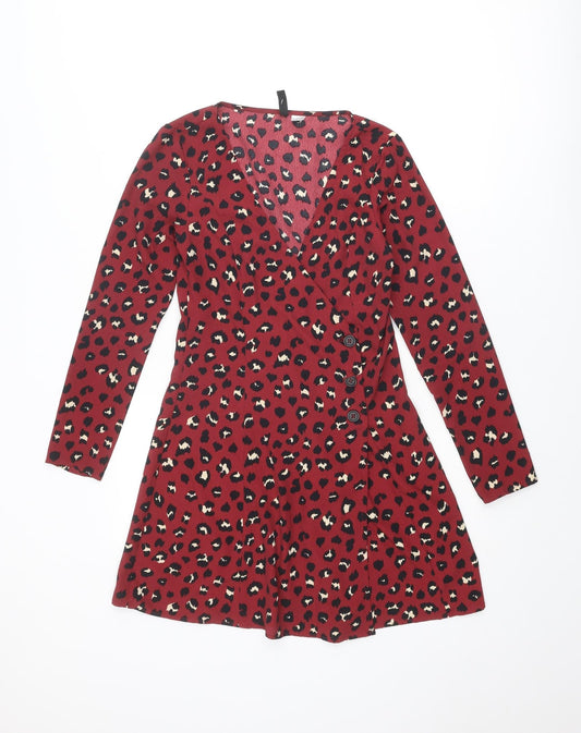 Divided by H&M Womens Red Animal Print Polyester Wrap Dress Size 8 V-Neck Button