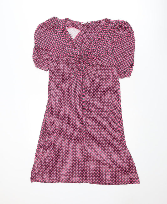 NEXT Womens Pink Geometric Viscose Shift Size 10 V-Neck Pullover - Puff Sleeve