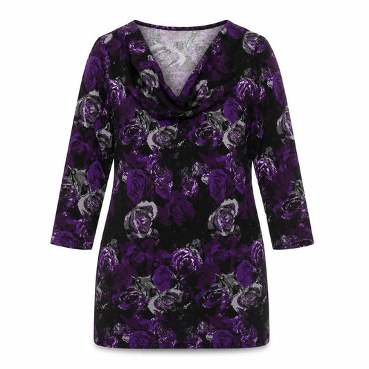 Front view of Originals women’s purple floral polyester mini, size UK 10, cowl neck pullover