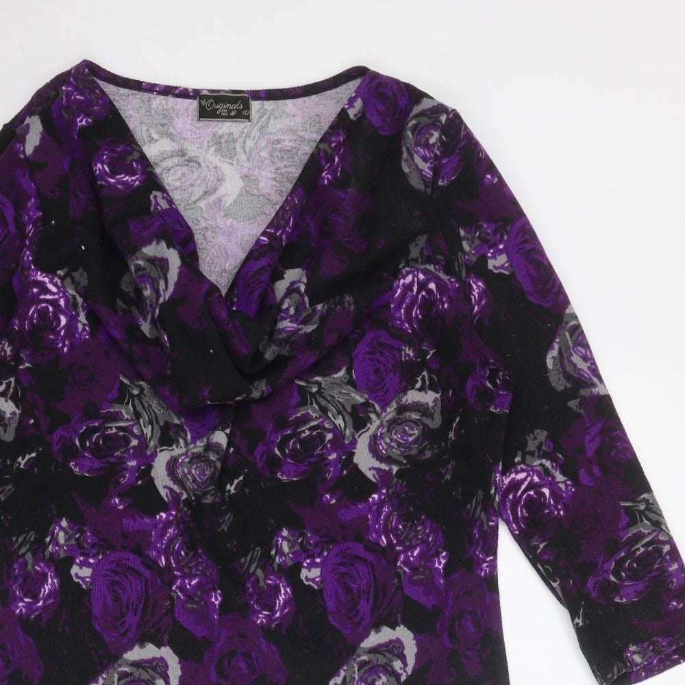 Originals Womens Purple Floral Polyester Mini Size 10 Cowl Neck Pullover