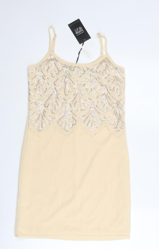 Boohoo Womens Beige Geometric Polyester Slip Dress Size 8 Round Neck Zip