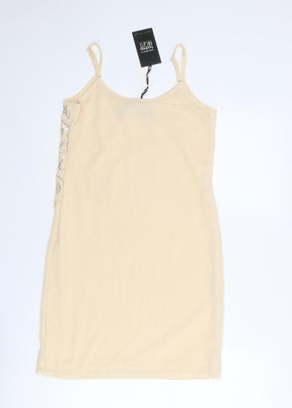 Boohoo Womens Beige Geometric Polyester Slip Dress Size 8 Round Neck Zip