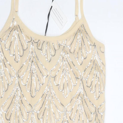 Boohoo Womens Beige Geometric Polyester Slip Dress Size 8 Round Neck Zip