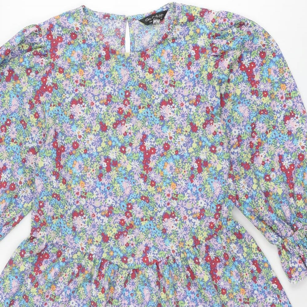 Miss Selfridge Womens Multicoloured Floral Polyester A-Line Size 14 Round Neck Button