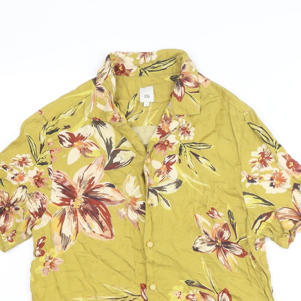 River Island Mens Green Fair Isle Viscose Button-Up Size S Collared Button