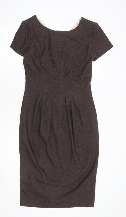 Collection Womens Brown Polyester Pencil Dress Size 12 Boat Neck Zip - Front Pleat Detail