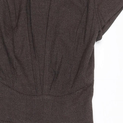Collection Womens Brown Polyester Pencil Dress Size 12 Boat Neck Zip - Front Pleat Detail