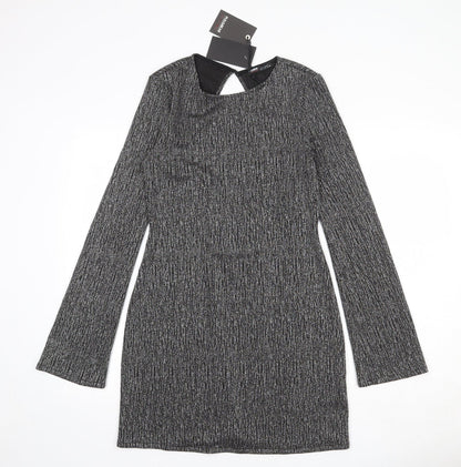 Pull&Bear Womens Silver Polyester Sheath Size L Round Neck Button