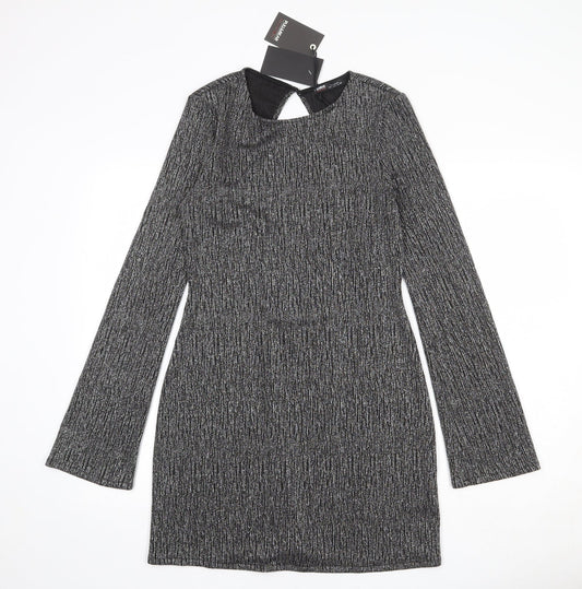 Pull&Bear Womens Silver Polyester Sheath Size L Round Neck Button