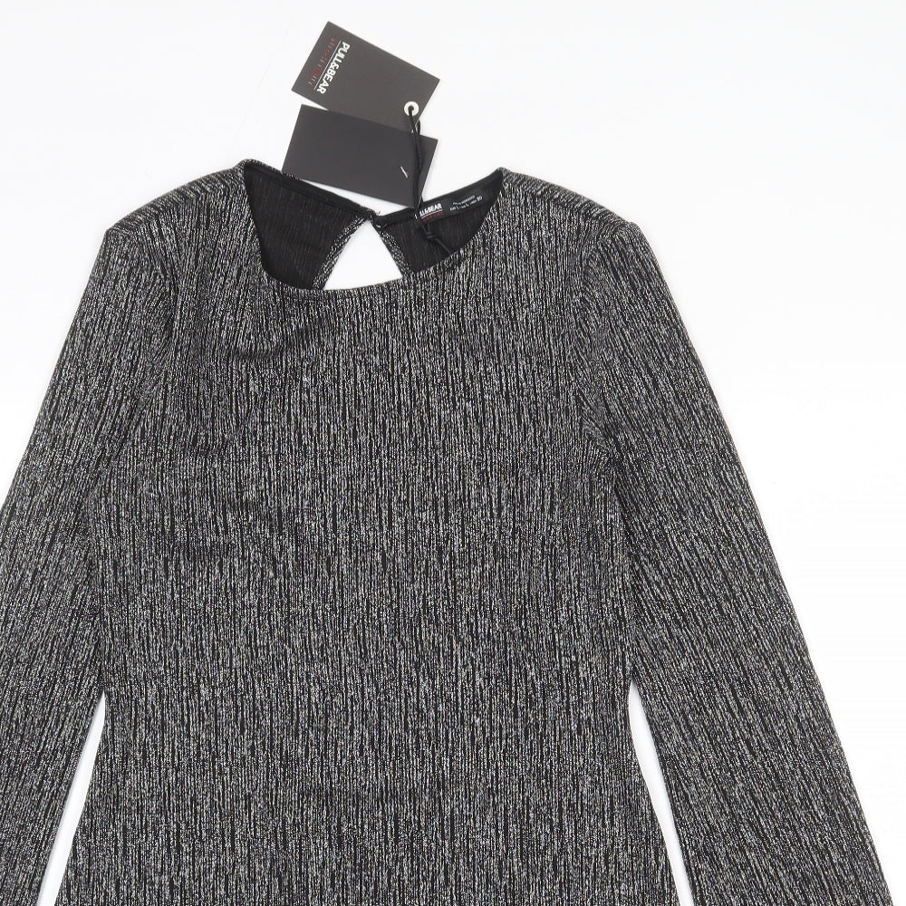 Pull&Bear Womens Silver Polyester Sheath Size L Round Neck Button