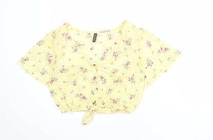 Divided by H&M Womens Yellow Fair Isle Polyester Cropped Button-Up Size S V-Neck - Knot Front