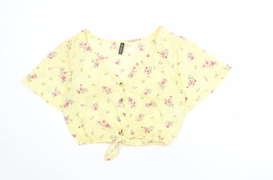 Divided by H&M Womens Yellow Fair Isle Polyester Cropped Button-Up Size S V-Neck - Knot Front