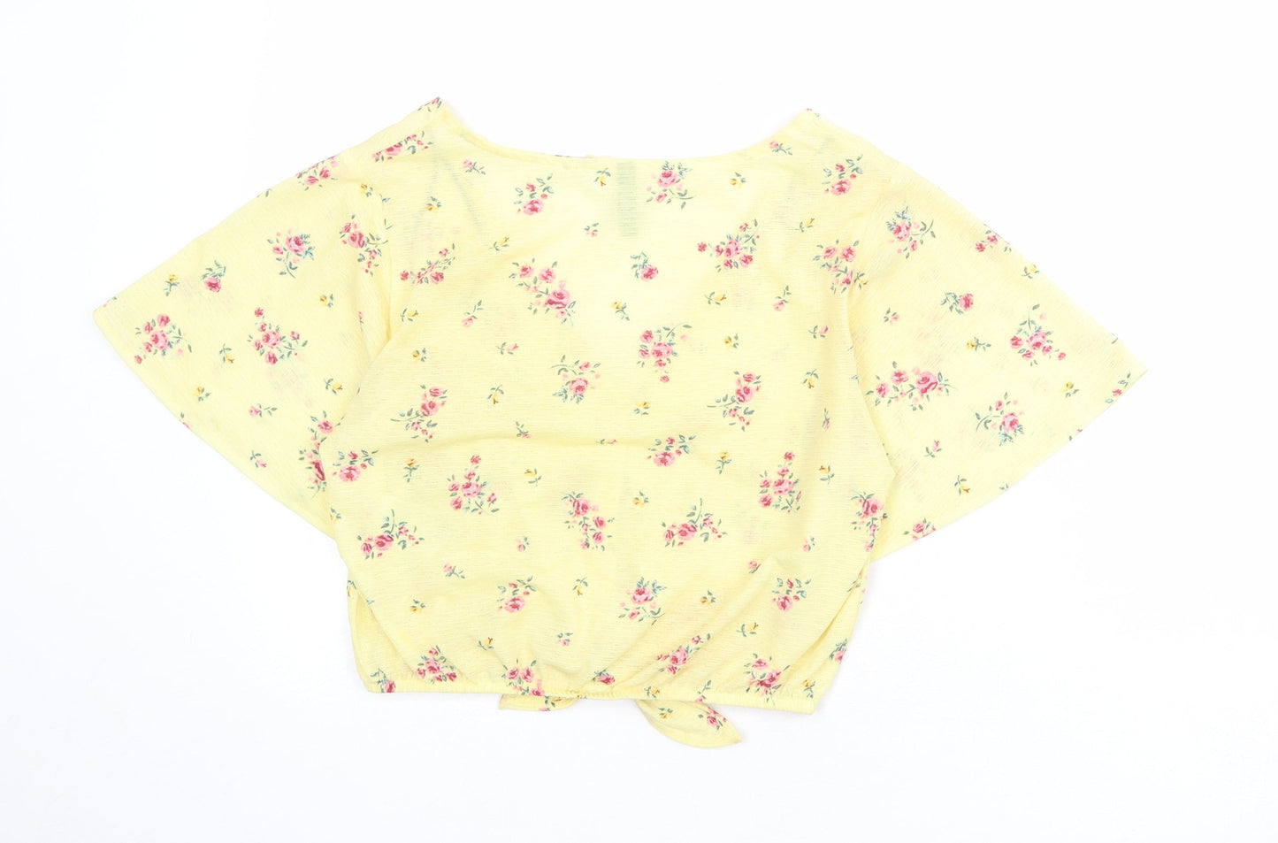 Divided by H&M Womens Yellow Fair Isle Polyester Cropped Button-Up Size S V-Neck - Knot Front