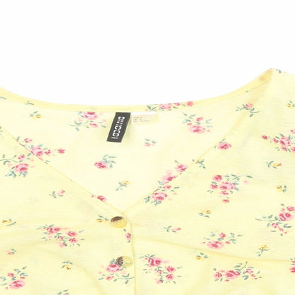 Divided by H&M Womens Yellow Fair Isle Polyester Cropped Button-Up Size S V-Neck - Knot Front