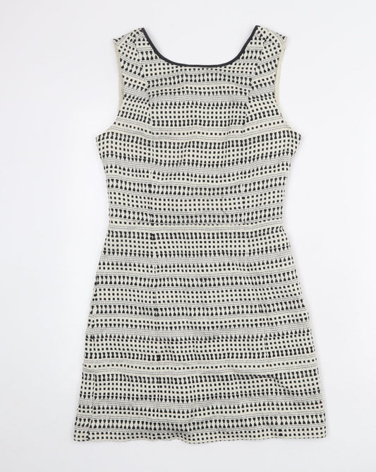 Oasis Womens Ivory Geometric Cotton Shift Size 8 Boat Neck Zip