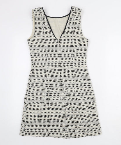 Oasis Womens Ivory Geometric Cotton Shift Size 8 Boat Neck Zip